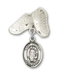 Sterling Silver Baby Badge with St. Hubert of Liege Charm and Baby Boots Pin