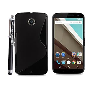 Motorola Nexus 6 Black S Line Wave Gel Rubber Silicone Protection Case Skin Cover +Stylus