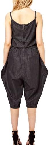Pink Queen® Black Women Jean Rompers Strap Back Zipper Seven Jumpsuit L