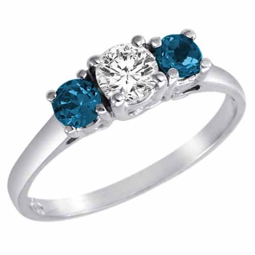 3 Stone Round White Diamond & Blue Diamond Accented Ring in 14K White Gold (1 ctw) Size 11 1/2
