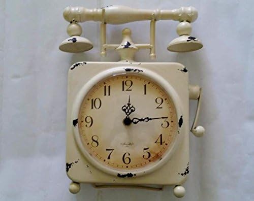 Vintage European Style Retro Iron Craft Table Clock for Restaurant, Bedroom Nightstand, Dresser, Hall and Shoe Cabinet (Telephone Style White 065) (WHITE)