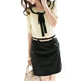Allegra K Women Scoop Neck Short Floucing Sleeve Single Breasted Light Yellow Blouse XS