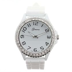 White and Silver Silicone Gel Ceramic Style Band Crystal Bezel Watch