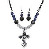1928 Black-plated Light and Dark Blue Crystal Earrings and 16 Inch Cross Necklace Set
