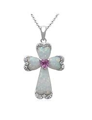 Sterling Silver Created Opal, Created Pink Sapphire With Created White Sapphire Cross Pendant Necklace, 18"