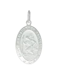 Sterling Silver Saint Christopher Medal 7/8 x 1/2 inch Oval Made in Italy, Free 24 inch Surgical Steel Chain