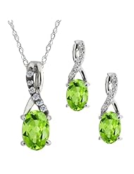 1.61 Ct Oval Green Peridot Gemstone Sterling Silver Pendant Earrings Set