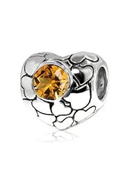 Best Gift for November Birthday, Sterling Silver Heart Pandora Charm with Citrine Gemstones .Fits Pandora and All Brands Charm Bracelets and Necklaces.