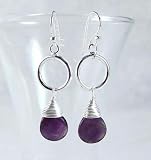 Sterling Silver Circle Coil Wrapped Briolette Genuine Amethyst Drop Earrings