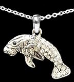 Beautiful Endangered Manatee Sea Cow Pendant Embellished in Crystal Clear Rhinestones on 18 inch Chain.