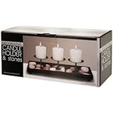 Decorative Metal Candle Holder & Stones Set Includes a Black Metal Candle Holder with Three Pedestals for Candles and Natural Stones to Surround Them With.