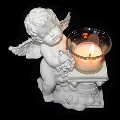 Engel Teelichthalter Wei� mit dezenter silberfarbiger Bemalung und Glitzereffek in den Fl�geln (Kunststein, H�he 17 cm)