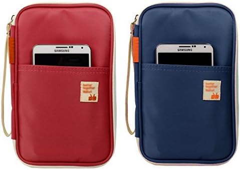 Passport Wallet Multifunction Card Case Holder Organizer with Hand Strap (Red+Blue)