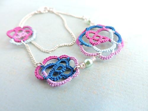 Raspberry, Pink, Wedgewood Blue and Country Turquoise Lace Roses Bracelet with Mint Czech Glass Pearls and Opaque Pink Beads - Silver Plated
