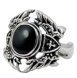 Stainless Steel Biker Ring with Black Stone and Two Small Crosses on the Side