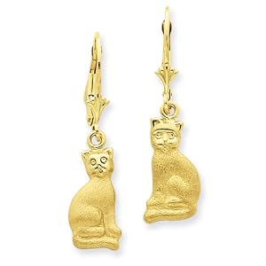 14k Satin Cat Dangle Leverback Earrings