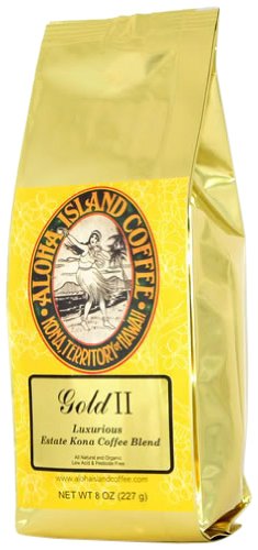 Aloha Island Coffee Company Gold II, Luxurious Estate Kona Coffee Blend, 8-Ounce Bag