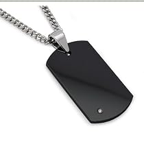 Men's Black Tungsten Carbide Dog Tag with Diamond 22" Steel Curb Link Chain