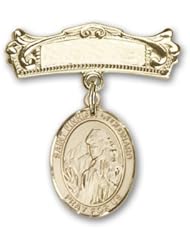 14K Gold Baby Badge with St. Finnian of Clonard Charm and Arched Polished Badge Pin
