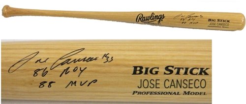 Jose Canseco Autographed/Hand Signed Blonde Big Stick Bat w/86 ROY, 88 MVP