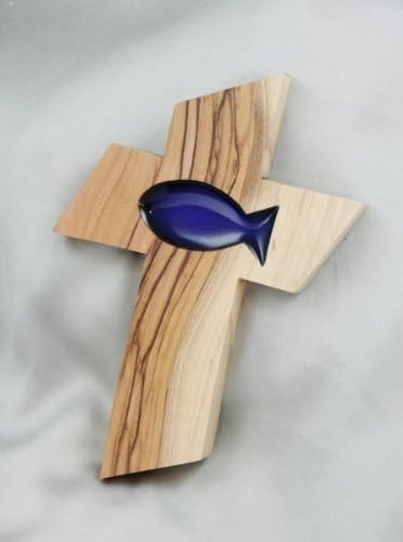 Wooden cross made from olive wood with a blue fish by Taufgeschenke Direkt