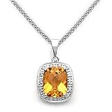 14k White Gold Cushion Cut Citrine and Diamond Pendant with Chain