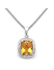 14k White Gold Cushion Cut Citrine and Diamond Pendant