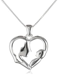 Sterling Silver Open Heart with Silhouette of A Mother and A Baby Silver Pendant Necklace, 18"