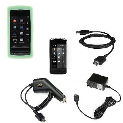 Durable Flexible Soft Light Green Silicone Skin Case + Rapid Car Charger + Home Travel Charger + Clear Reusable LCD Screen Protector + USB Data Cable for LG VU CU920 CU915 Cell Phone