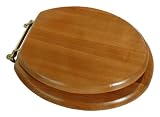 LDR 050 1700 Round Wood Toilet Seat with Polished Brass Finish Hinges, Oak