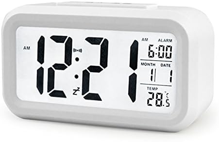 LED Alarm Clock, Digital Display Intelligent Morning Clock with Date and Temperature, Low Light Sensor Technology, Battery Operated, Snooze and Large Display, White