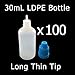 510 Central 30mL LDPE Plastic Thin Tip Dropper Bottles (100 Pack, Multi Color Caps)
