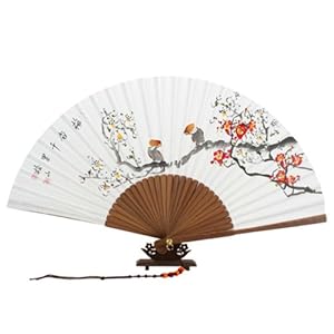Hand Painted Folding Red and White Korean Plum Flower Mulberry Rice White Paper Bamboo Art Handheld Decorative Fan