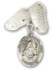 Sterling Silver Baby Badge with St. Edburga of Winchester Charm and Baby Boots Pin