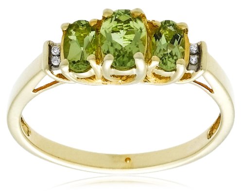10k Yellow Gold August Birthstone 3-Stone Peridot Ring w/ Diamond Accent, Size 7