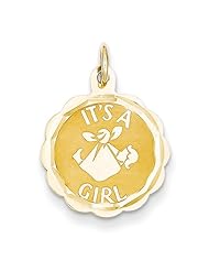 14K Yellow Gold Polished Its a Girl Scalloped Disc Charm Pendant