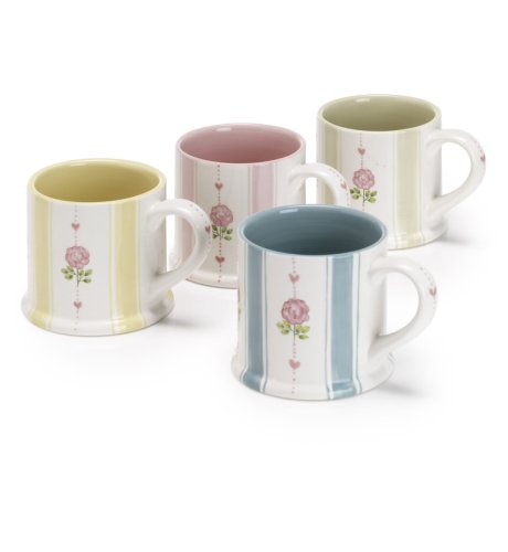 4 Tea Rose & Stripe Design Mugs