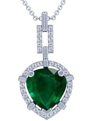 14K White Gold Pear Cut Emerald And Round Diamond Pendant