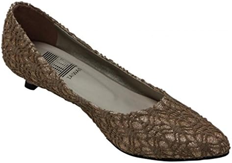 JI Y WMR 320 Women's low kitten heel slip on glitter fashion lace pointy toe mesh Embroider heels Bronze 7