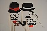 13 Pc Photo Booth Party Props Mustache on a Stick Bowler Hat Ladies Hat Mustaches Glasses so Cute Material Glitter Foamy
