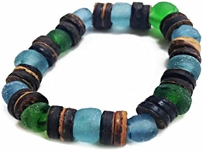 Mermaid Aloha Multi-colored Beach Glass with Coconut Shell Disks Hawaiian Bracelet
