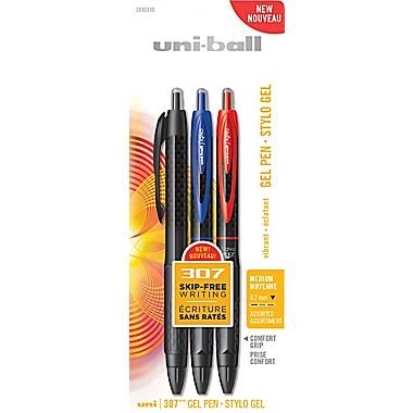 Uni-Ball Uni 307 Medium 0.7mm Black, Blue, and Red Ink Vibrant Gel Pens (3 Count)