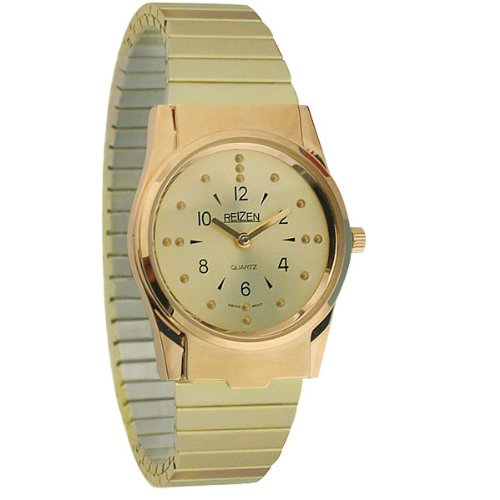 REIZEN Mens Braille Watch Gold Exp Band