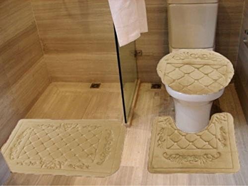 3 Piece Beige Memory Foam Flannel Embroidery Design Banded Bath Rug Mat Set 1 Contour Mat 1 Lid Toilet Cover 1 Bath Mat (Beige)