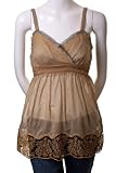 Unit Fashion Lace Trimmed Embroidered Empire Waist Baby Doll Spaghetti Strap Blouse Top Olive