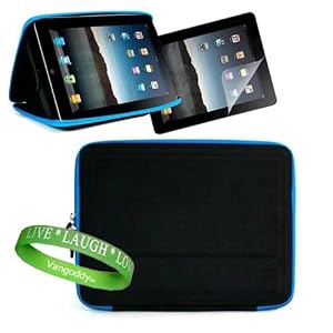 Apple Ipad Case with Stand Accessories Kit Includes  Snug Fit Black Case with Blue Trim + Custom Cut iPad Screen Protector + Live * Laugh * Love Silicone Wrist Band!!!