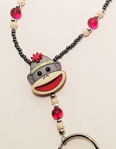 Handmade Beaded Lanyard~Sock Monkey~Grey~Badge ID Holder