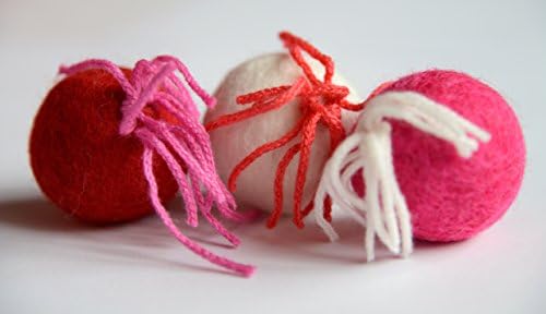 Hot Pink, Red and White Yarn Topped Wool Ball Trio, Hand felted and Catnip Scented