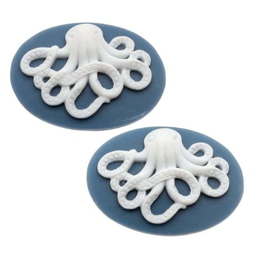 Lucite Oval Cameo - Royal Blue With White Octopus 25x18mm (2 Pieces)
