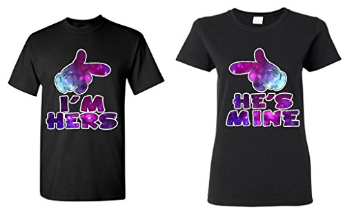 Couple matching Cartoon Hands I'm Hers - He's Mine Galaxy T-shirt -- Men Medium Black **//** Women Small Black